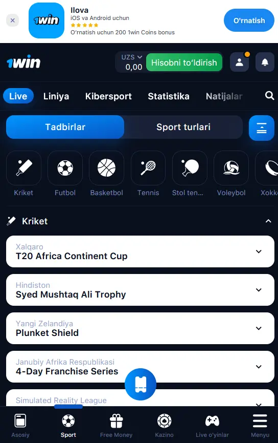 Android учун 1Win иловаси