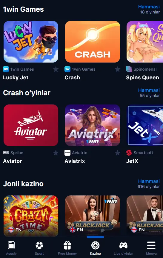 Мобил иловадаги 1Win Казино